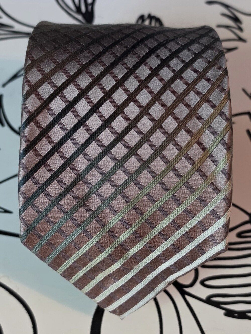 Alfani Mens Silk Tie Long 61" Geometric Grid Plaid Brown Green Taupe Necktie
